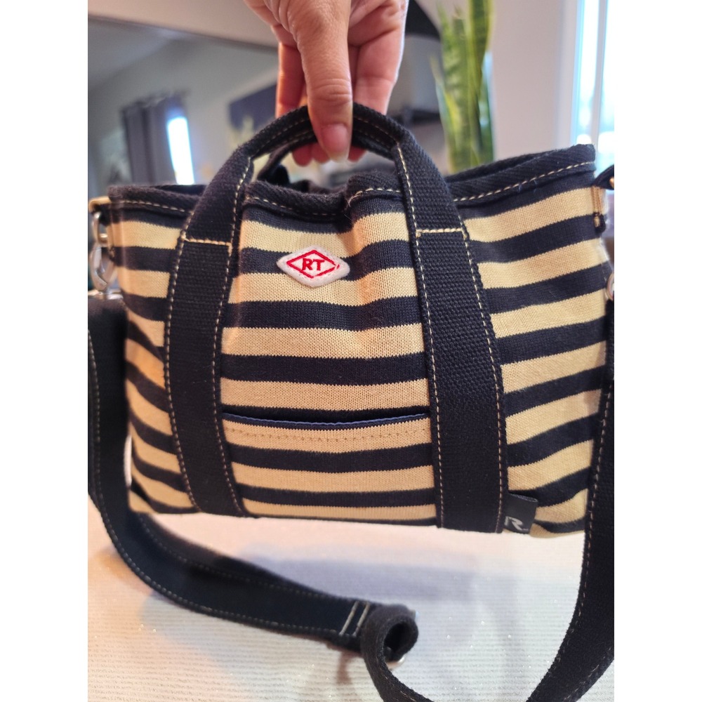 Rootote Fun Outing Striped Mini Tote Crossbody Bag Black Tan Canvas RT Logo